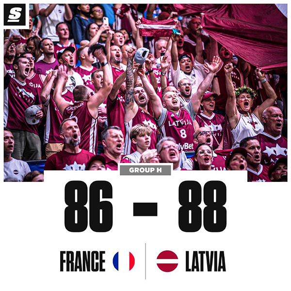 篮球世界杯简报:法国86-88惜败拉脱维亚 富尼耶27分 戈贝尔9分 
