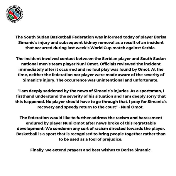 南苏丹篮联：西马尼奇被摘肾是不幸的 我们谴责对奥莫特的歧视和攻击 