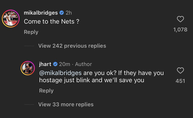 篮网球星招募尼克斯球员 哈特调侃大桥被扣为人质