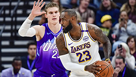 NBA简报:湖人105-104逆转爵士 詹姆斯三分9中0最后被晃倒&全场27+14 浓眉33+11