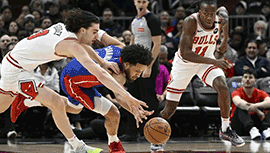 NBA简报:活塞128-110轻取公牛 康宁汉姆29+7 奥萨尔19+7 武器22+13